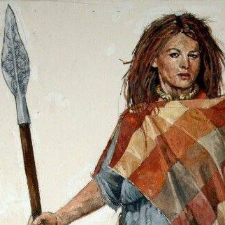 Painting of a figure invoking the spirit of Celtic Queen Boudicca who rose up to defeat the Romans after they stole her lands, beat her and raped her daughters. She holds a spear and wears a plaid cape.