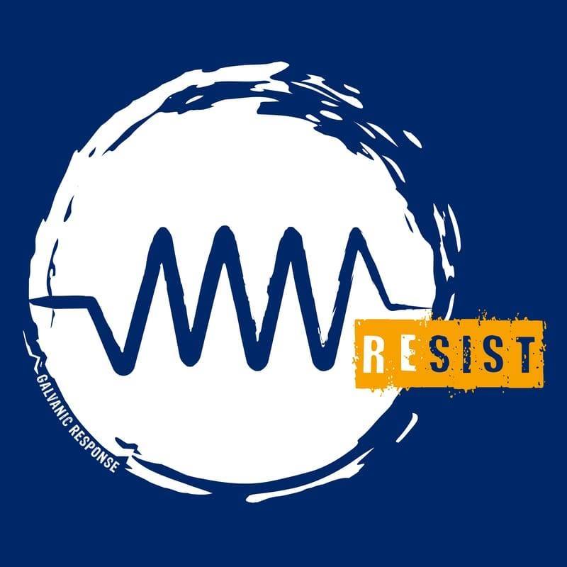 Symbol for an electric resistor in white on a blue background. Text in yellow says "Resist."