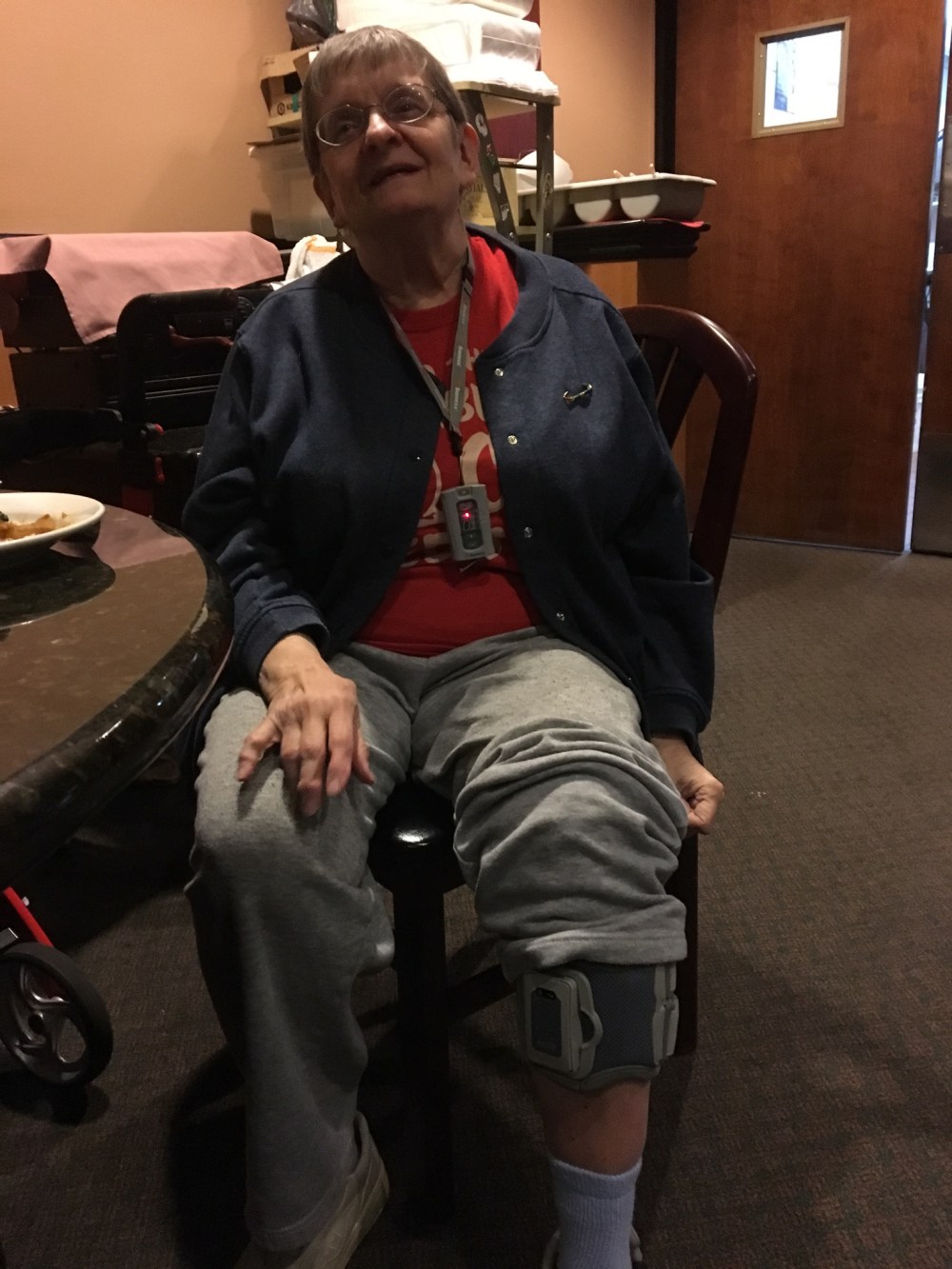 My photo is of me sitting in a chair with my pant leg pulled up to show my new "bionic" device which helps me walk.